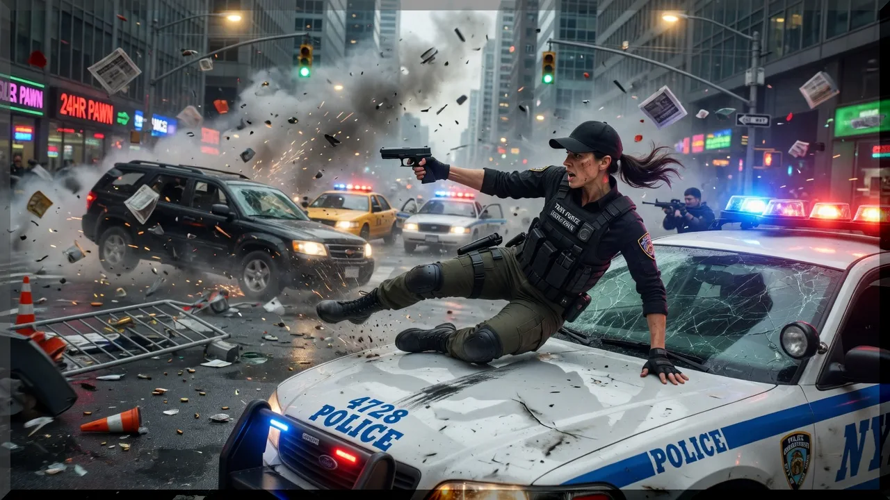 Prompt #001 A woman in tactical gear mid-slide across the hood of a police car