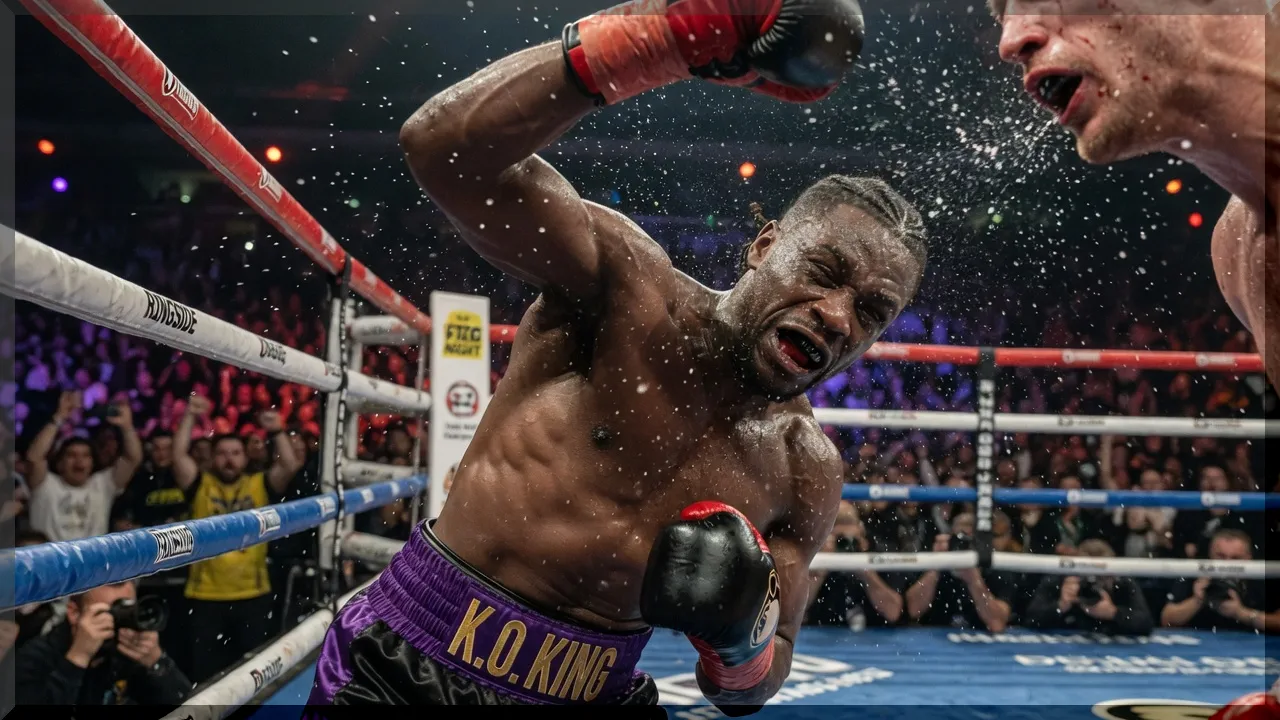 Prompt #010 A boxer throwing a devastating uppercut with sweat spray frozen in air