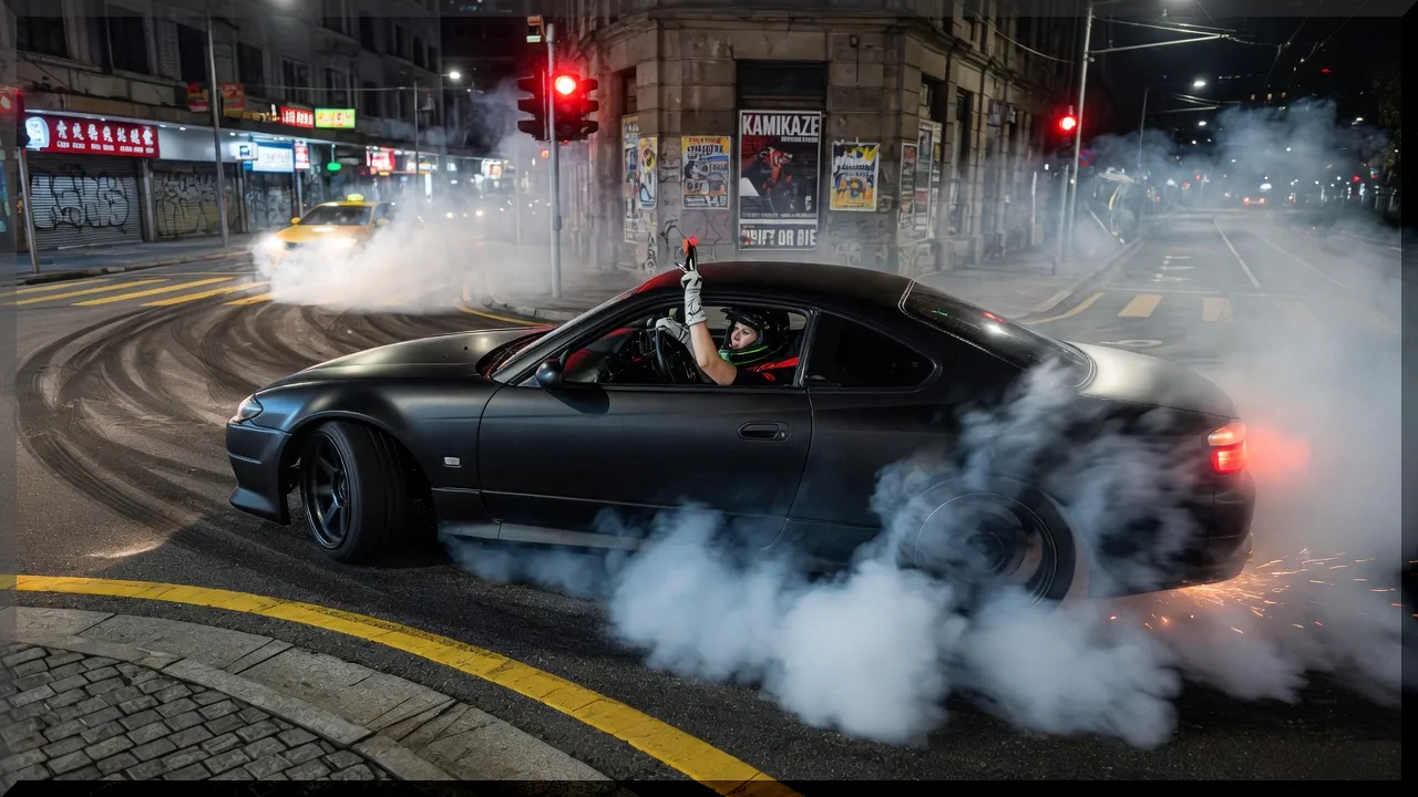 Prompt #020 A woman performing a precision handbrake drift around a hairpin