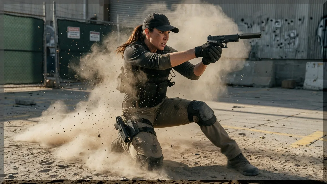 Prompt #030 A woman doing a combat roll and coming up with pistol drawn